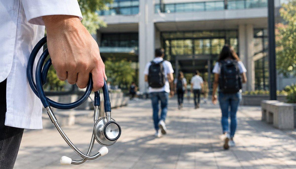Illustrazione di un medico con stetoscopio davanti a studenti che entrano in un edificio universitario