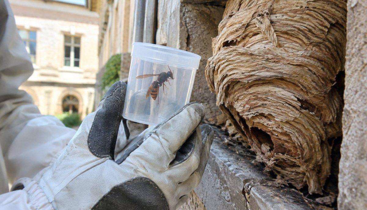 Illustrazione di una vespa asiatica catturata in un contenitore accanto a un nido su un edificio