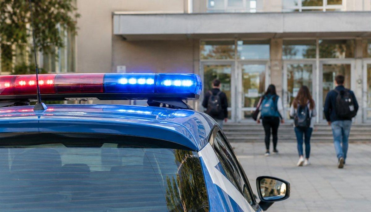 Illustrazione di un'auto della polizia davanti a un liceo, mentre studenti entrano nell'edificio