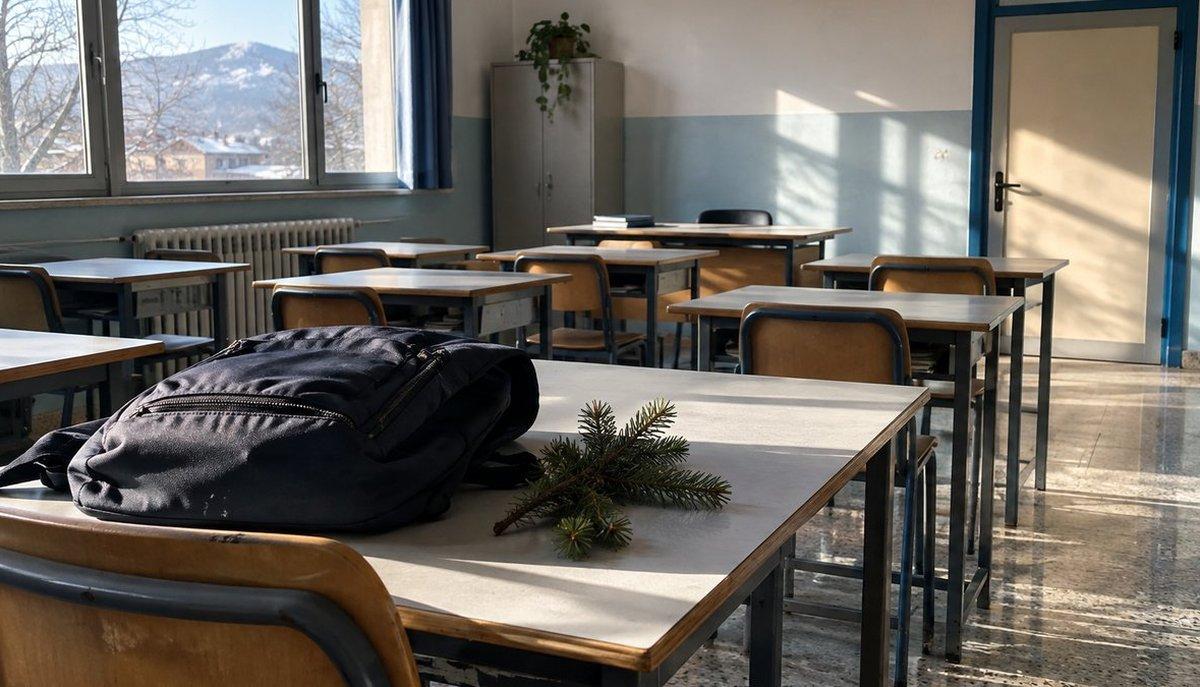 Illustrazione di aula vuota con zaino e ramo d'abete su un banco, richiamo al calendario scolastico