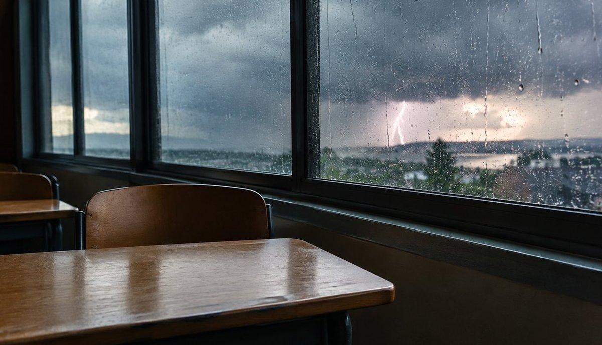 Aula vuota con fuori un temporale