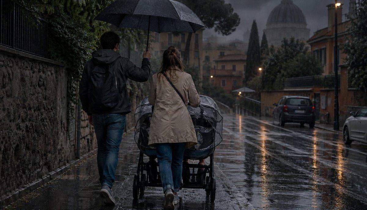 Studente copre madre e figli con l'ombrello