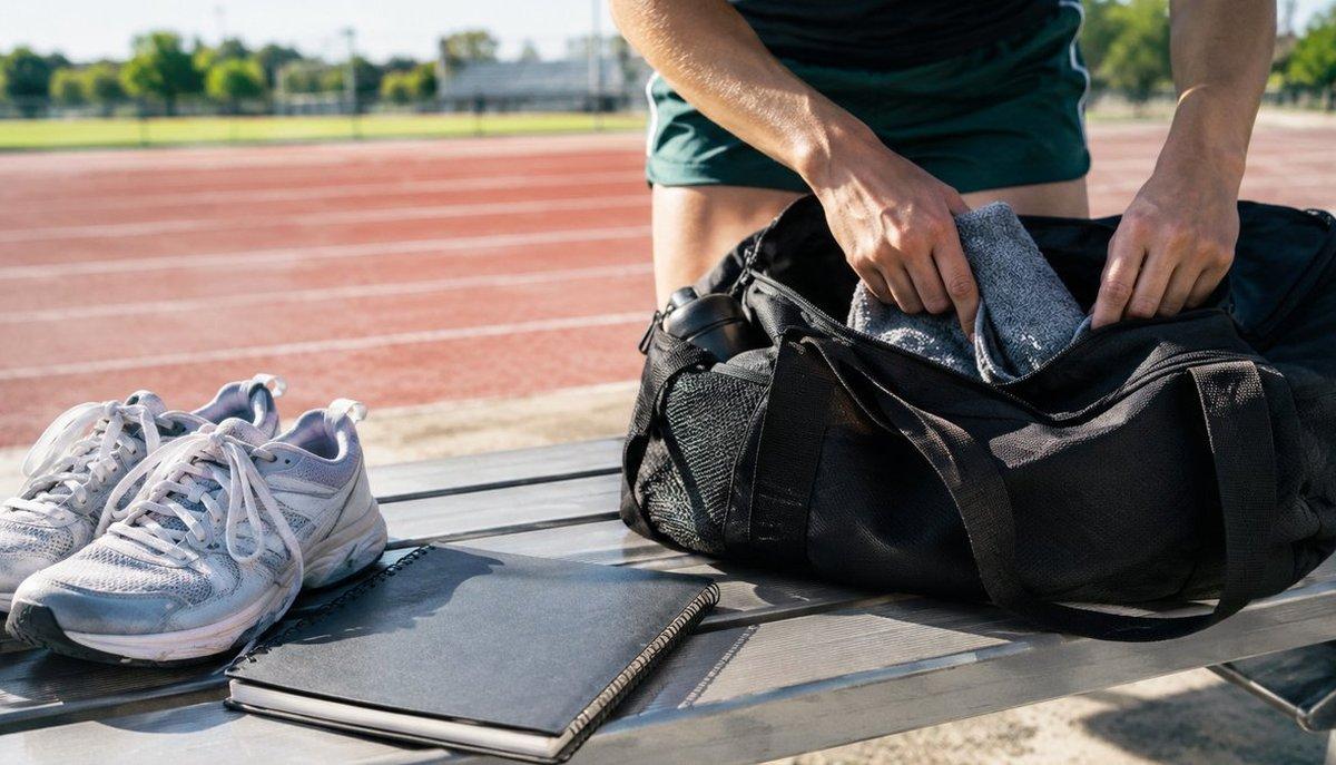 Illustrazione di uno studente atleta che prepara il borsone accanto a scarpe da corsa e quaderno in pista