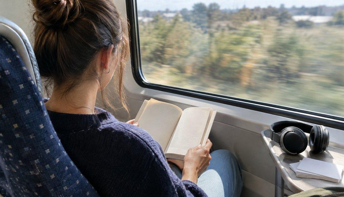 Illustrazione di una studentessa pendolare che legge un libro su un treno in movimento