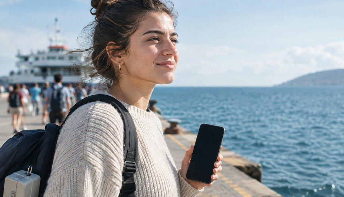 Illustrazione di una ragazza con zaino che tiene uno smartphone spento sul molo vicino a un traghetto