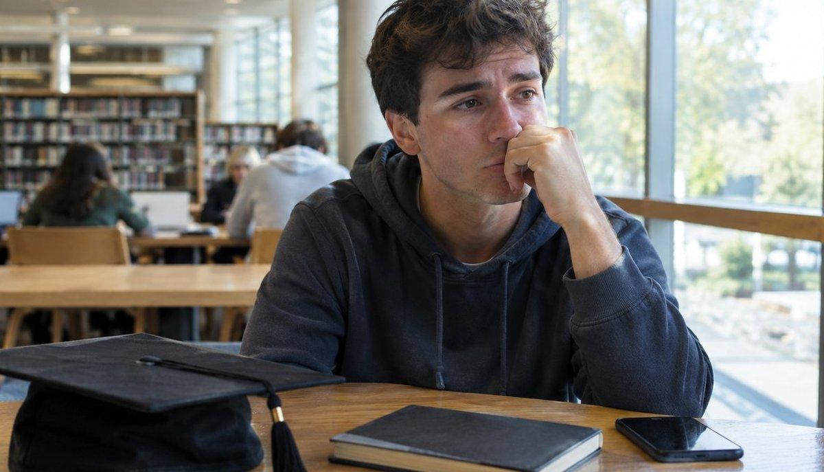 Studente universitario preoccupato dopo aver confessato la bugia sulla laurea