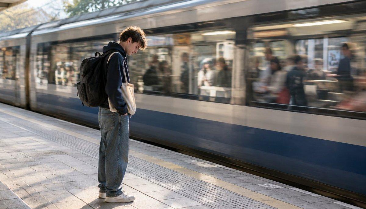 Illustrazione di uno studente con zaino, scoraggiato sulla banchina mentre passa un treno