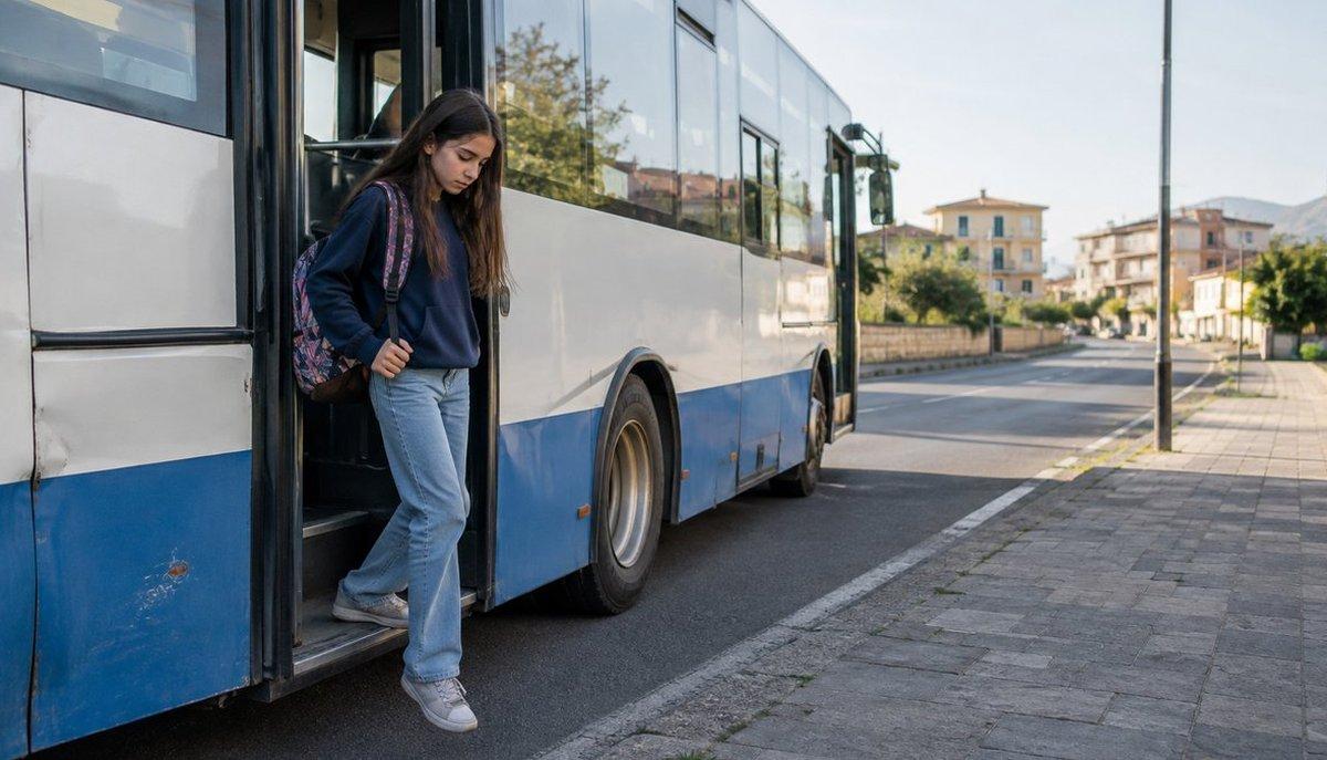 Illustrazione di una studentessa con zaino che scende dall'autobus alla fermata