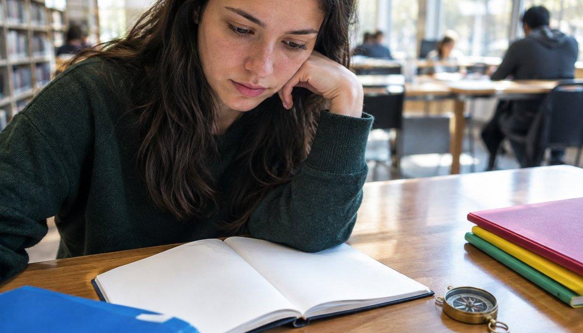 Studentessa riflette sull’orientamento scolastico con un quaderno e una bussola