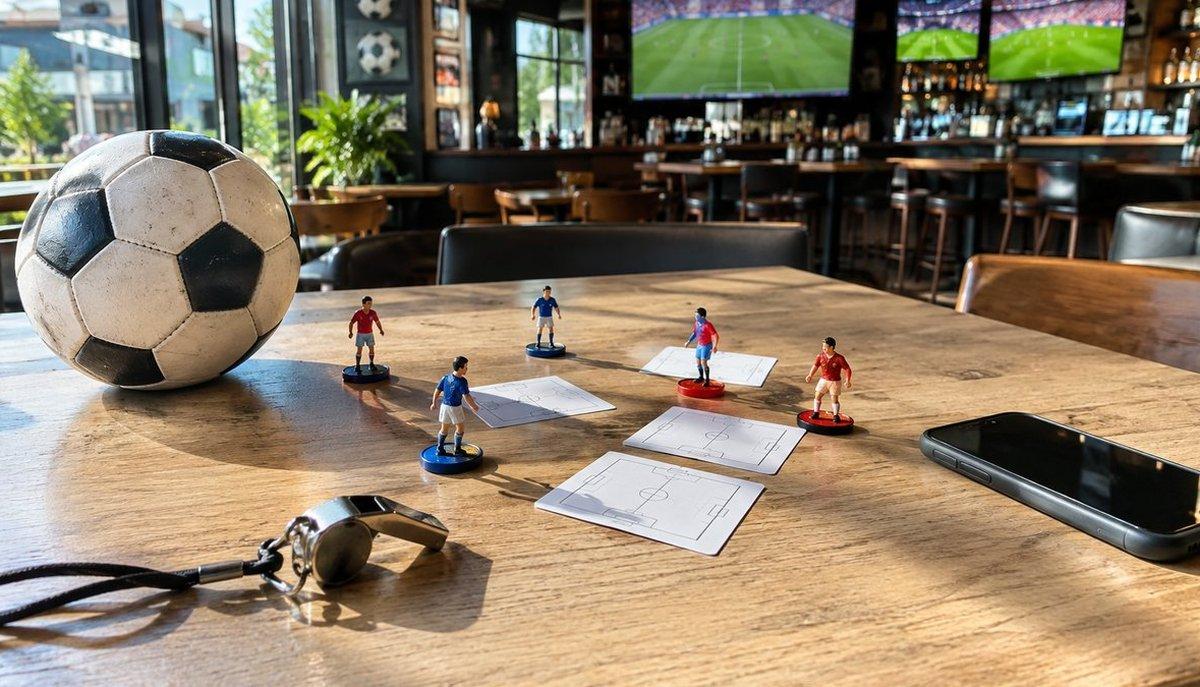 Illustrazione di un tavolo con pallone, miniature di calciatori e schemi per il fantacalcio giornata Serie A