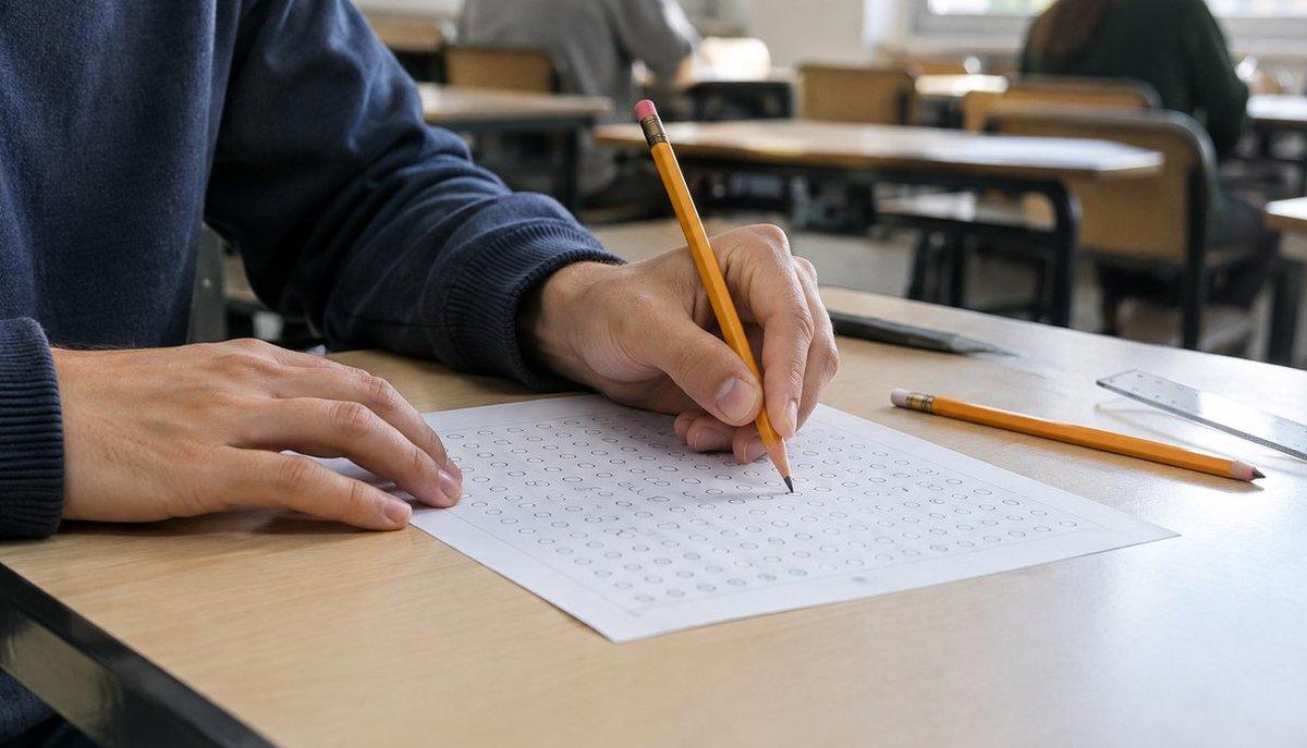 Illustrazione di un candidato che compila un test a risposta multipla in aula