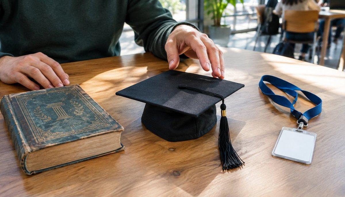 Illustrazione di uno studente con tocco di laurea, libro classico e badge su un tavolo