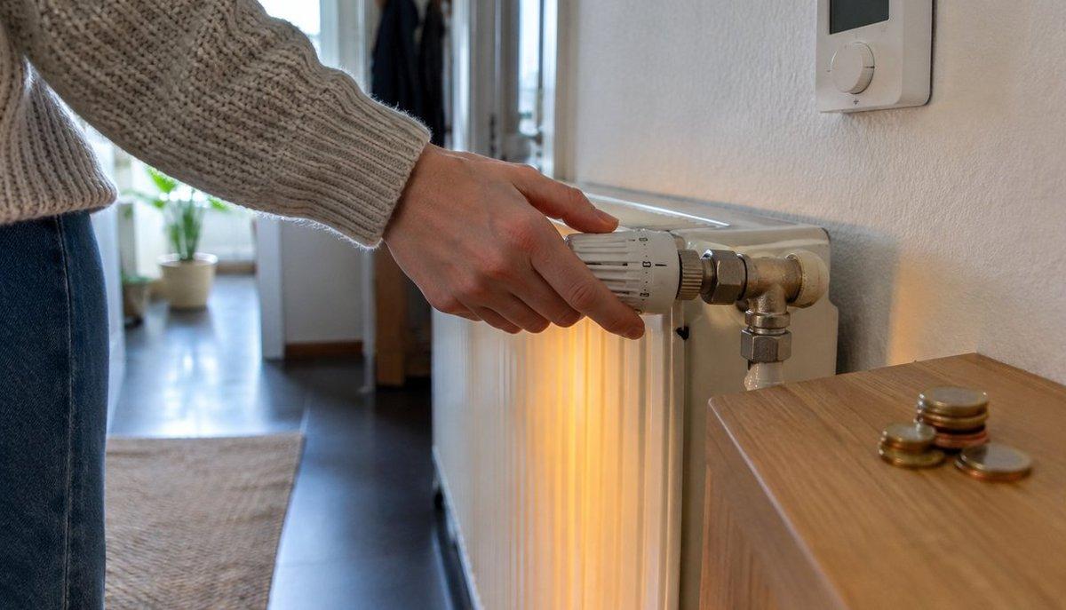 Illustrazione di una persona che regola la valvola del termosifone in casa, accanto a monete