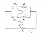 Elettromagnetismo: Nel circuito della figura si ha  âV_1 = 12 V ,  âV_2 = 15 V ,  R_1 = 10 â¦ ,  R_2 = 35 â¦ e  R_3 = 50 â¦ .