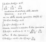 Sistemi: [math]{\left\lbrace\begin{matrix}{\left({a}-{b}\right)}{x}+{\left({a}+{b}\right)}{y}={a}+{b}\\\frac{x}{{{a}+{b}}}-\frac{y}{{{a}-{b}}}=\frac{1}{{{a}+{b}}}\end{matrix}\right.}[/math]