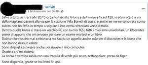 "Ho avuto un colpo di sonno, aiutatemi": universitaria dimentica sul bus il pc con tesi e appunti, l'appello sui social
