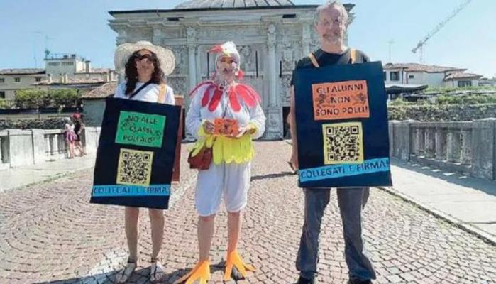 No alle classi pollaio: docente si veste da gallina per protesta